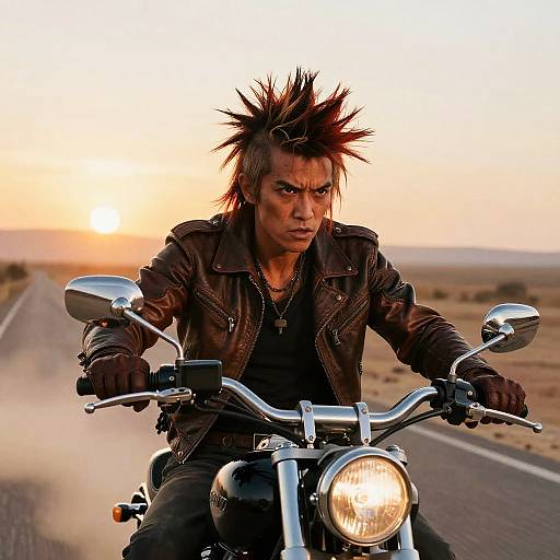 Man with Mohawk Riding Motorcycle in Punk Style at Sunset
