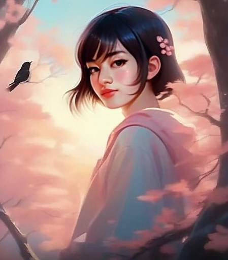 Young Woman Digital Art with Sunset and Bird in Anime Style