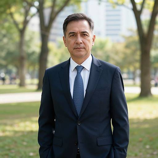 Professional Businessman in Navy Suit Standing Outdoors in Park