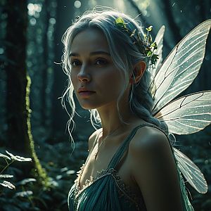 Serene Woman with Fairy Wings in Mystical Forest