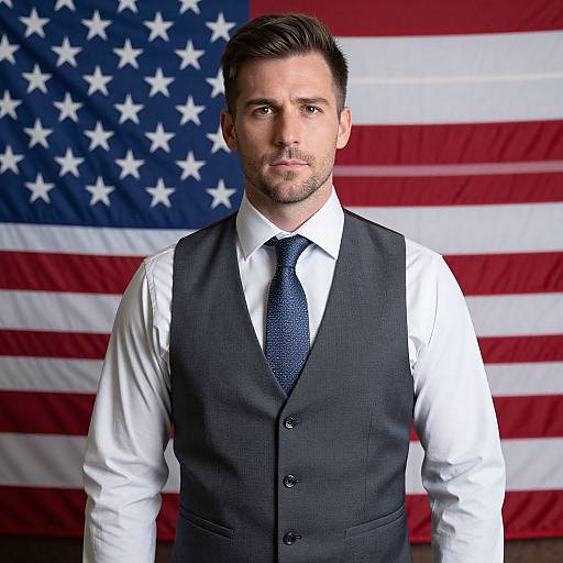 Confident Man in Vest and Tie with American Flag Background