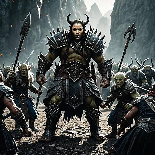 Fierce Warrior Woman Leading Goblin Army in Dark Fantasy Battle Scene