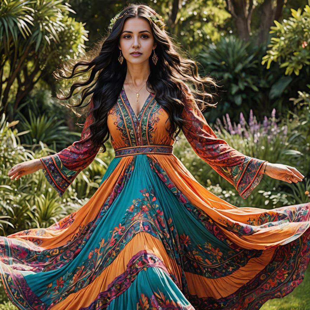 Elegant Woman in Colorful Dress in Garden