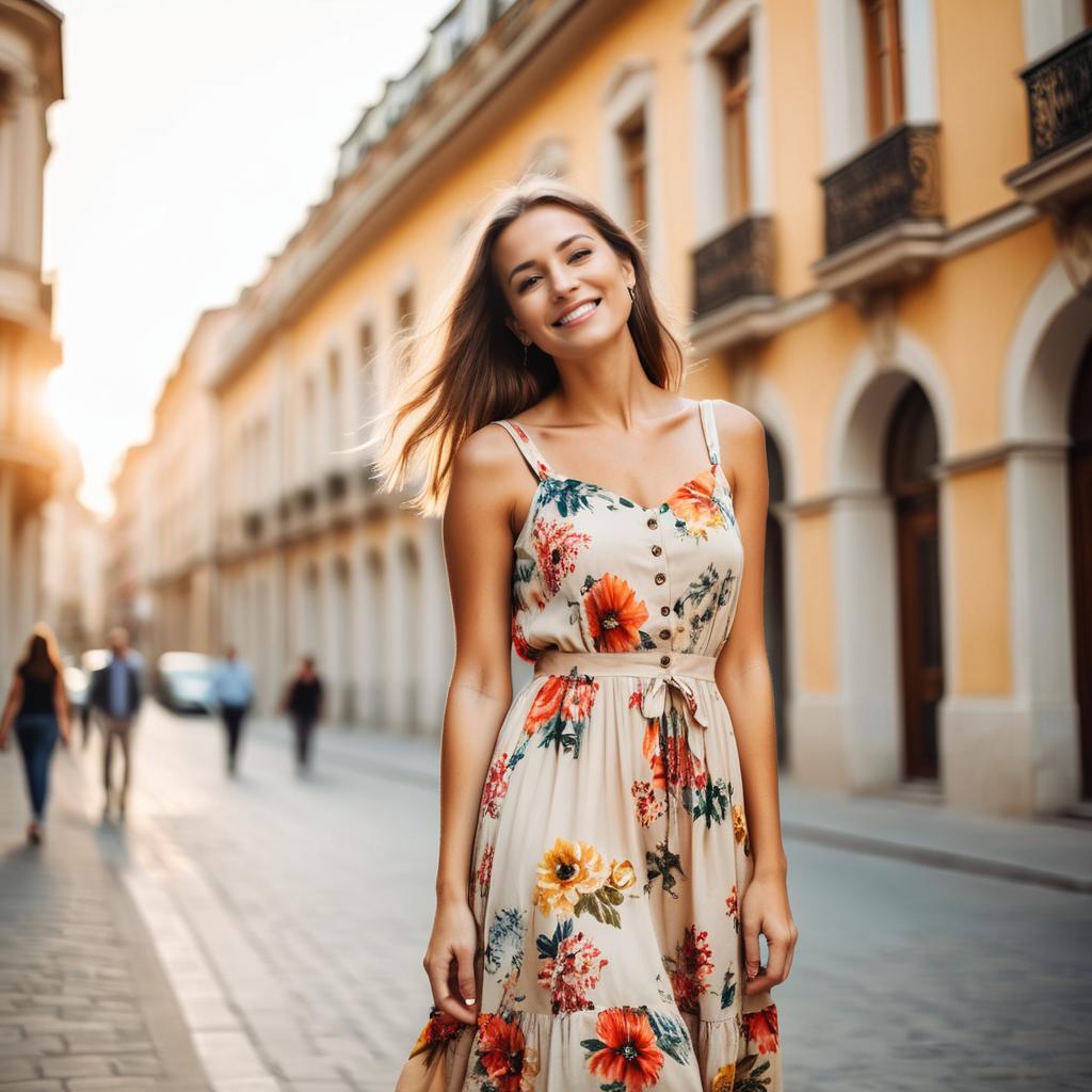 Smiling Woman in Floral Dress Walking on Historic European Street