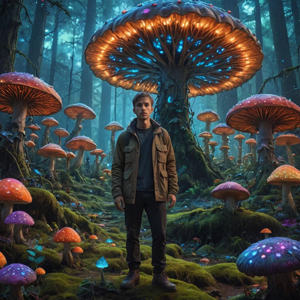 Man in Enchanting Forest with Luminescent Mushrooms