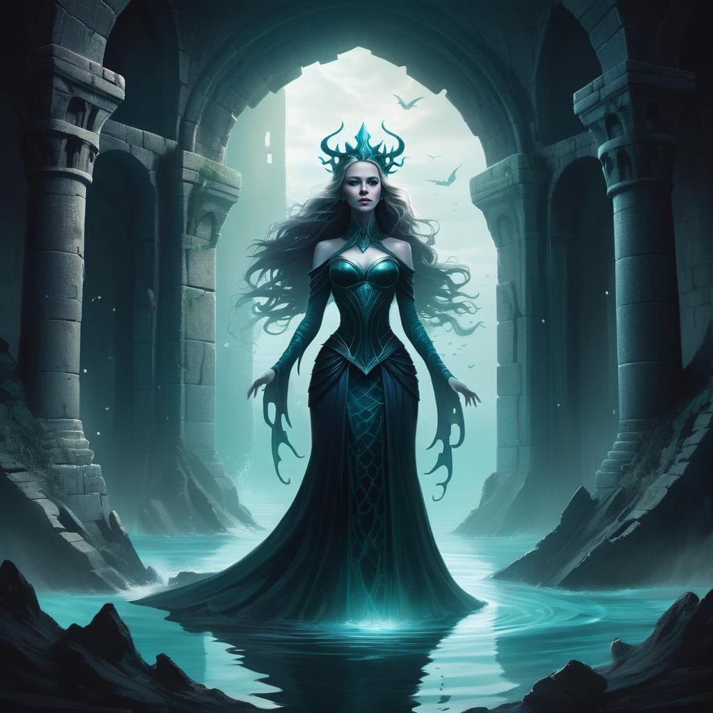Regal Woman in Dark Gown at Ancient Archway