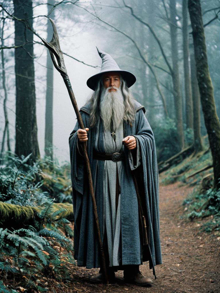 Man in Gandalf Costume Standing in Misty Forest Outdoor Portrait