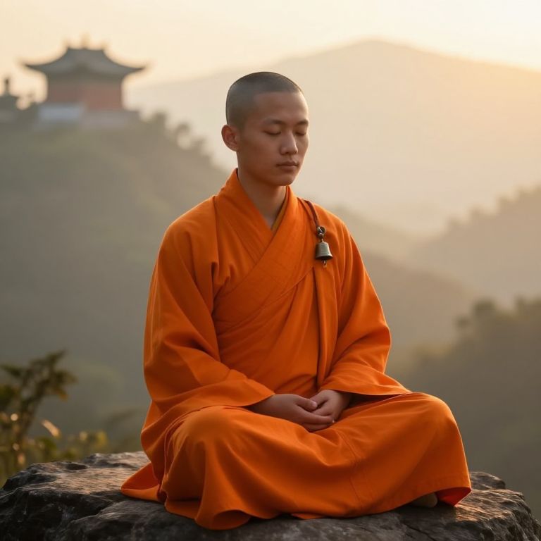 Meditating Buddhist Monk in Orange Robes at Sunset in Mountain Landscape
