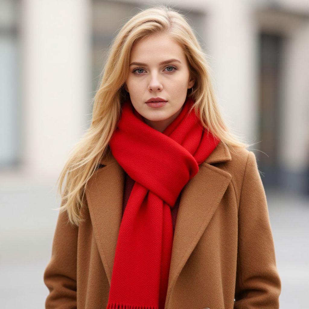 Blonde Woman in Camel Coat and Red Scarf Outdoor Portrait