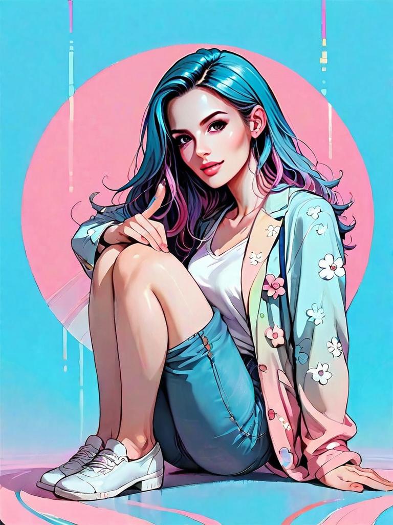 Realistic Comic Style Portrait of Woman with Blue Hair Sitting in Floral Jacket