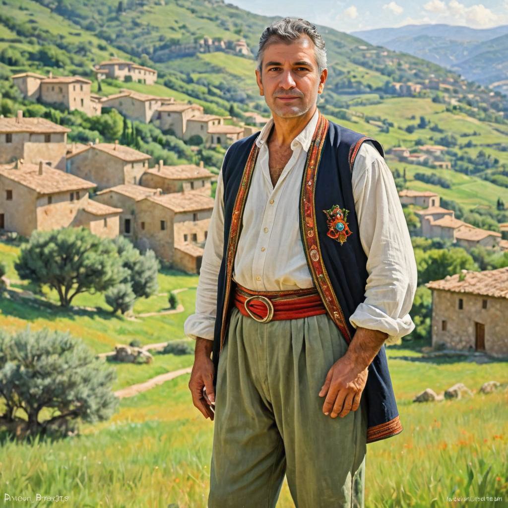 Confident Man in Traditional Attire in Scenic Countryside