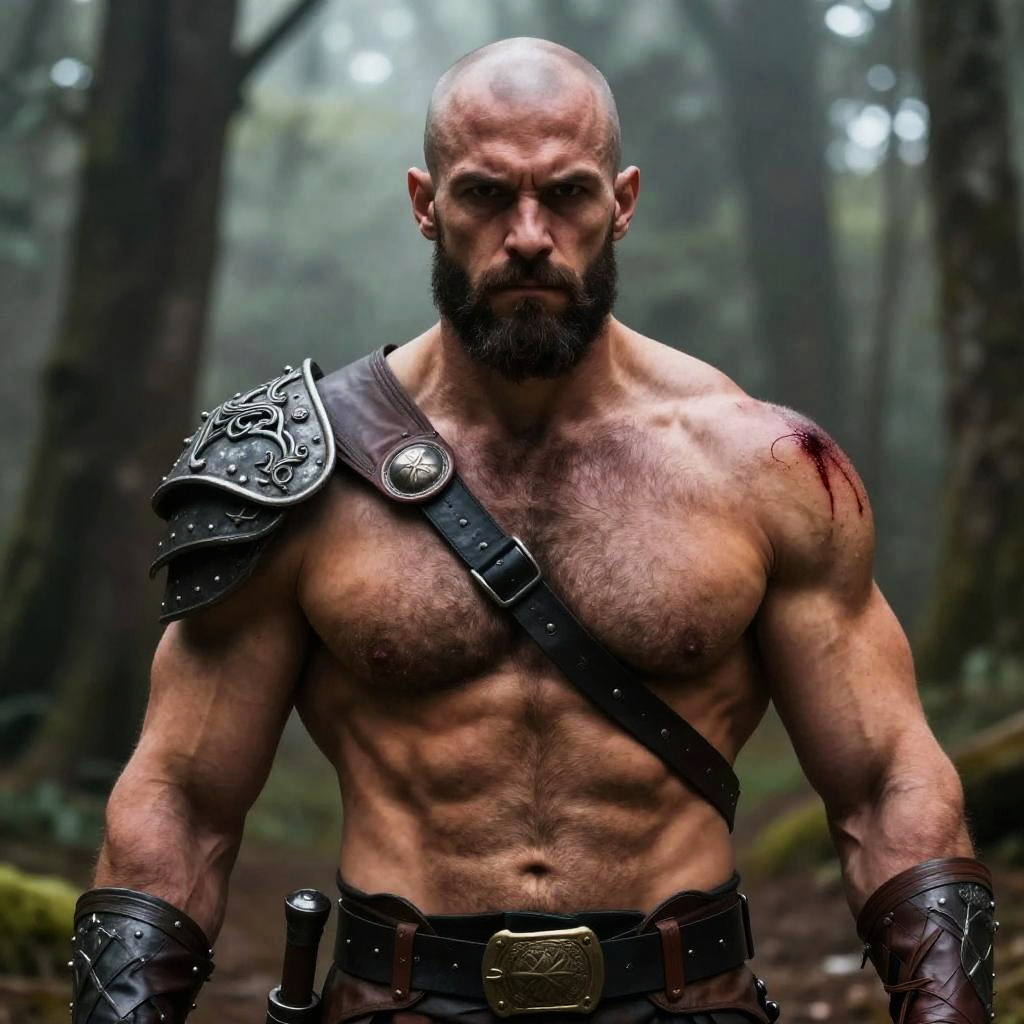 Fierce Muscular Warrior Man in Leather Armor in Forest