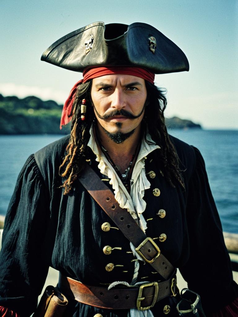 Man in Classic Pirate Costume with Tricorn Hat and Red Bandana by the Sea