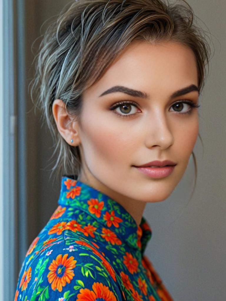 Woman in Floral Print Blouse