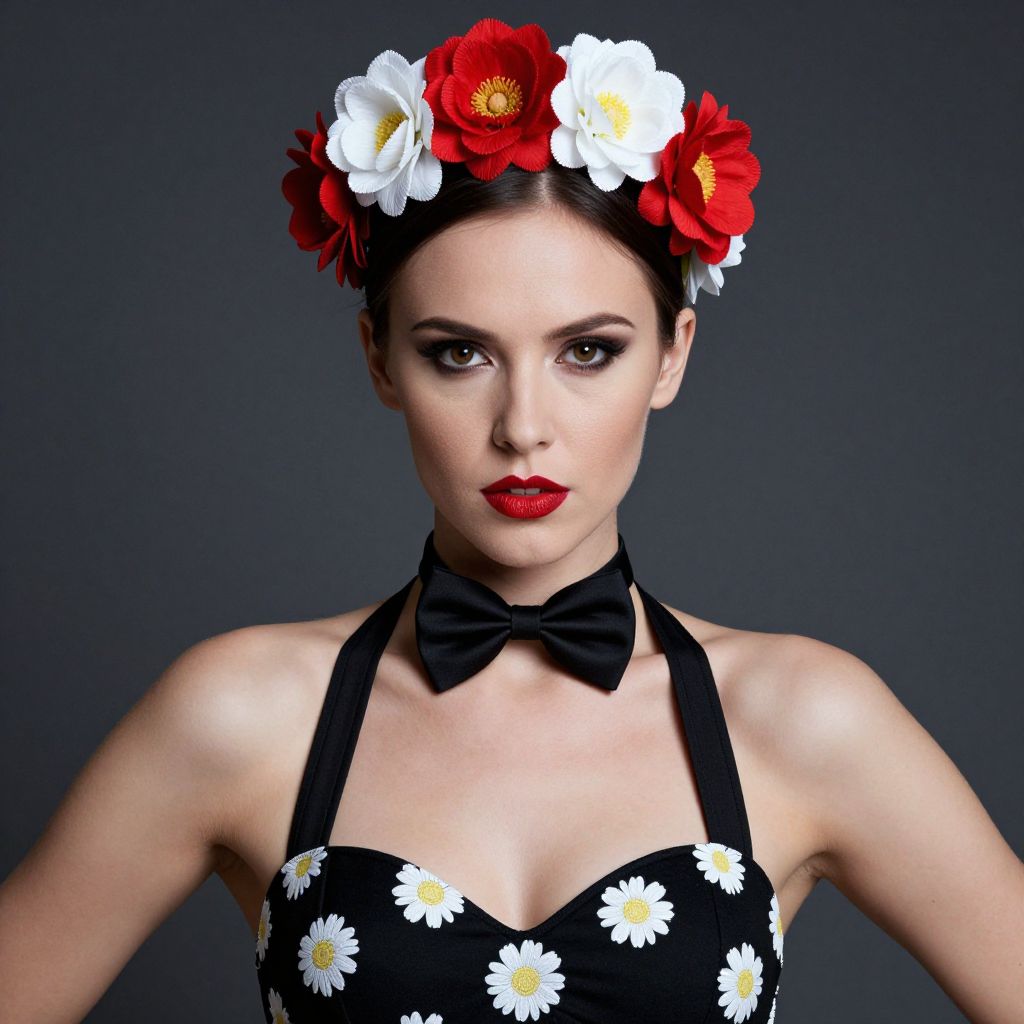 Stylish Woman Wearing Floral Crown and Daisy Dress with Bow Tie