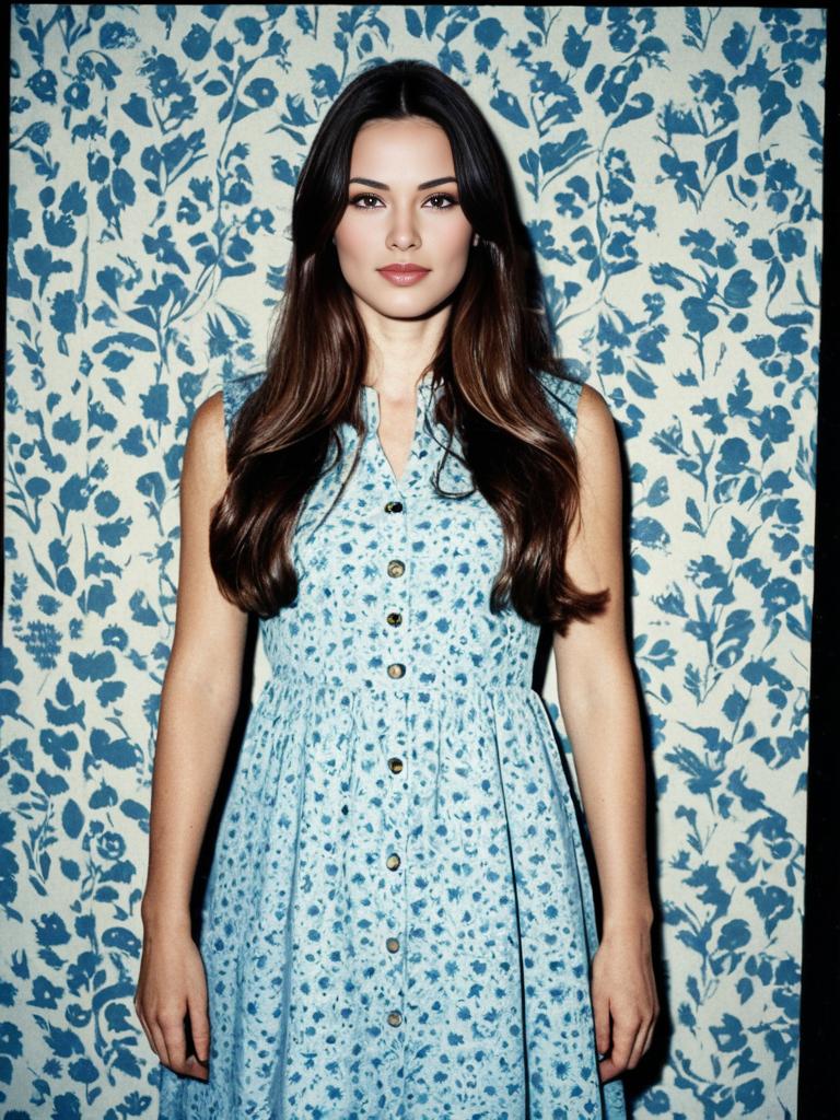 Young Woman in Blue Floral Dress with Matching Floral Background