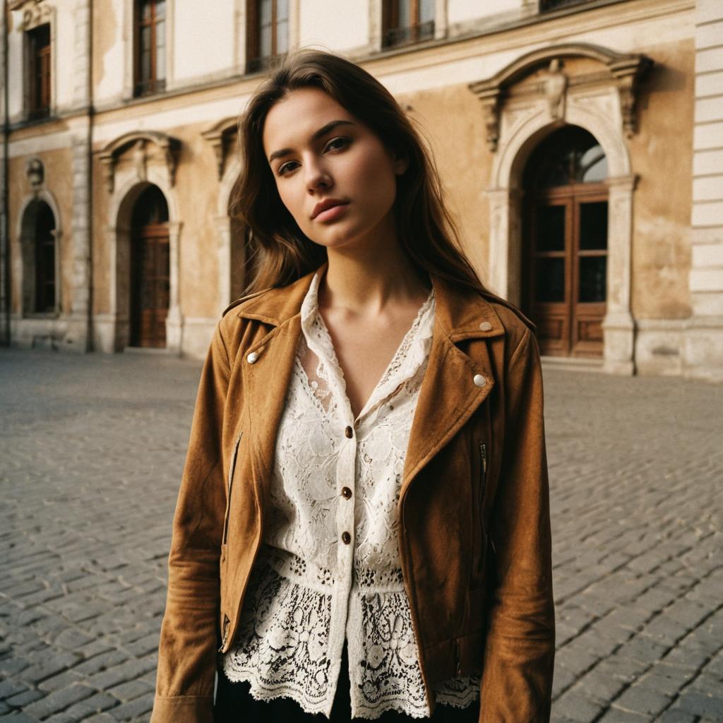 Young Woman in Brown Suede Jacket and White Lace Blouse on Historic Street