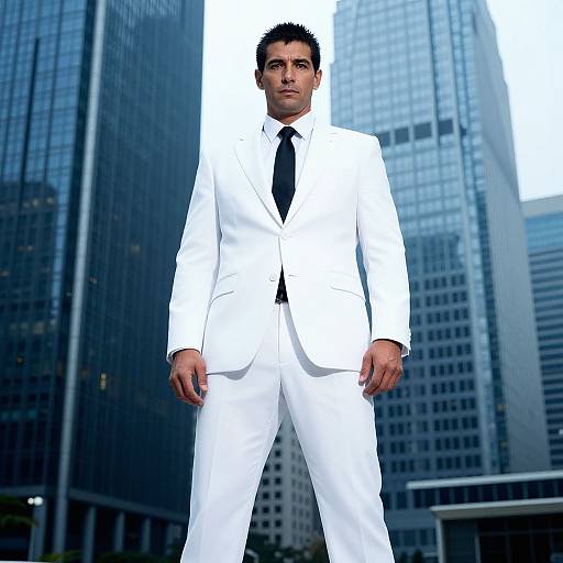 Man in White Suit Standing Confidently in Corporate Urban Setting