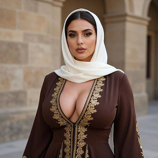 Elegant Woman in Traditional Brown Dress with Gold Embroidery and White Headscarf