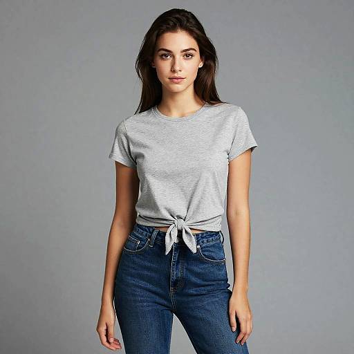 Young Woman in Casual Grey Knotted T-Shirt and High-Waisted Jeans