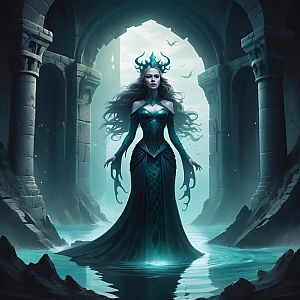 Regal Woman in Dark Gown at Ancient Archway
