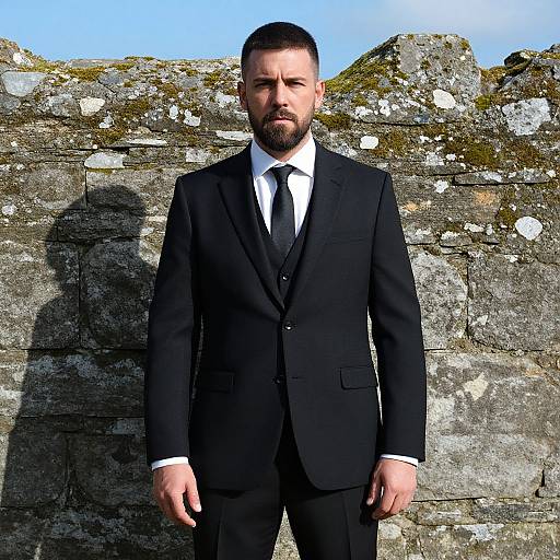 Man in Black Suit Standing by Mossy Stone Wall Outdoors