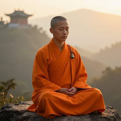 Meditating Buddhist Monk in Orange Robes at Sunset in Mountain Landscape