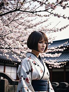 Woman in Floral Kimono Under Cherry Blossoms at Japanese Temple