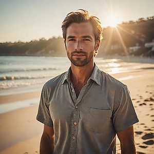 Casual man on beach at sunset