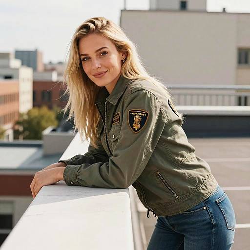 Woman Wearing Green Military Jacket Leaning on Rooftop Railing