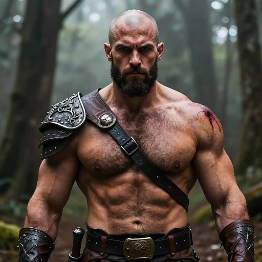 Fierce Muscular Warrior Man in Leather Armor in Forest