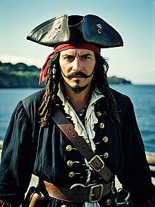 Man in Classic Pirate Costume with Tricorn Hat and Red Bandana by the Sea