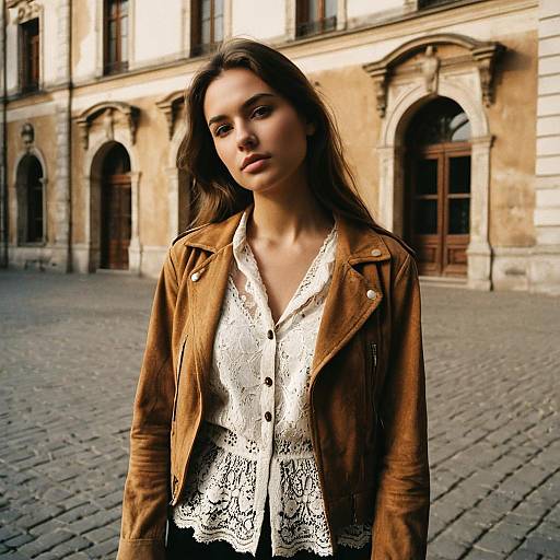 Young Woman in Brown Suede Jacket and White Lace Blouse on Historic Street