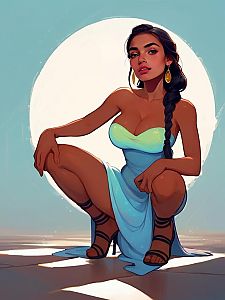 Crouched Woman in Blue Dress with Glowing Backdrop