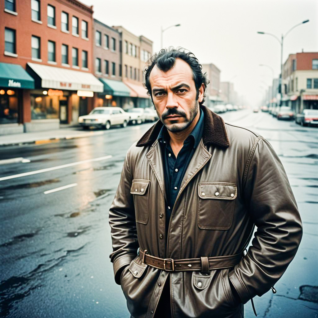 Rugged Man in Brown Jacket on Rainy Urban Street