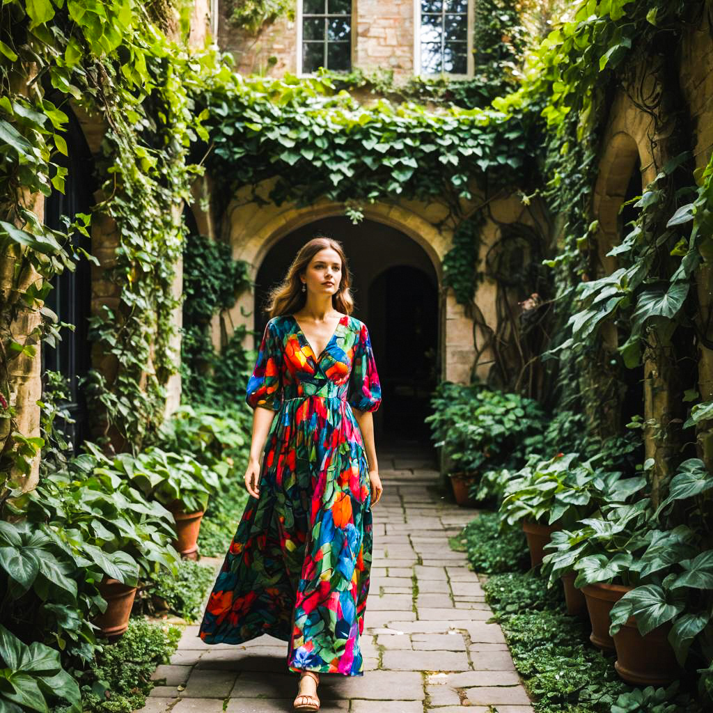 Woman in Floral Dress on Lush Pathway