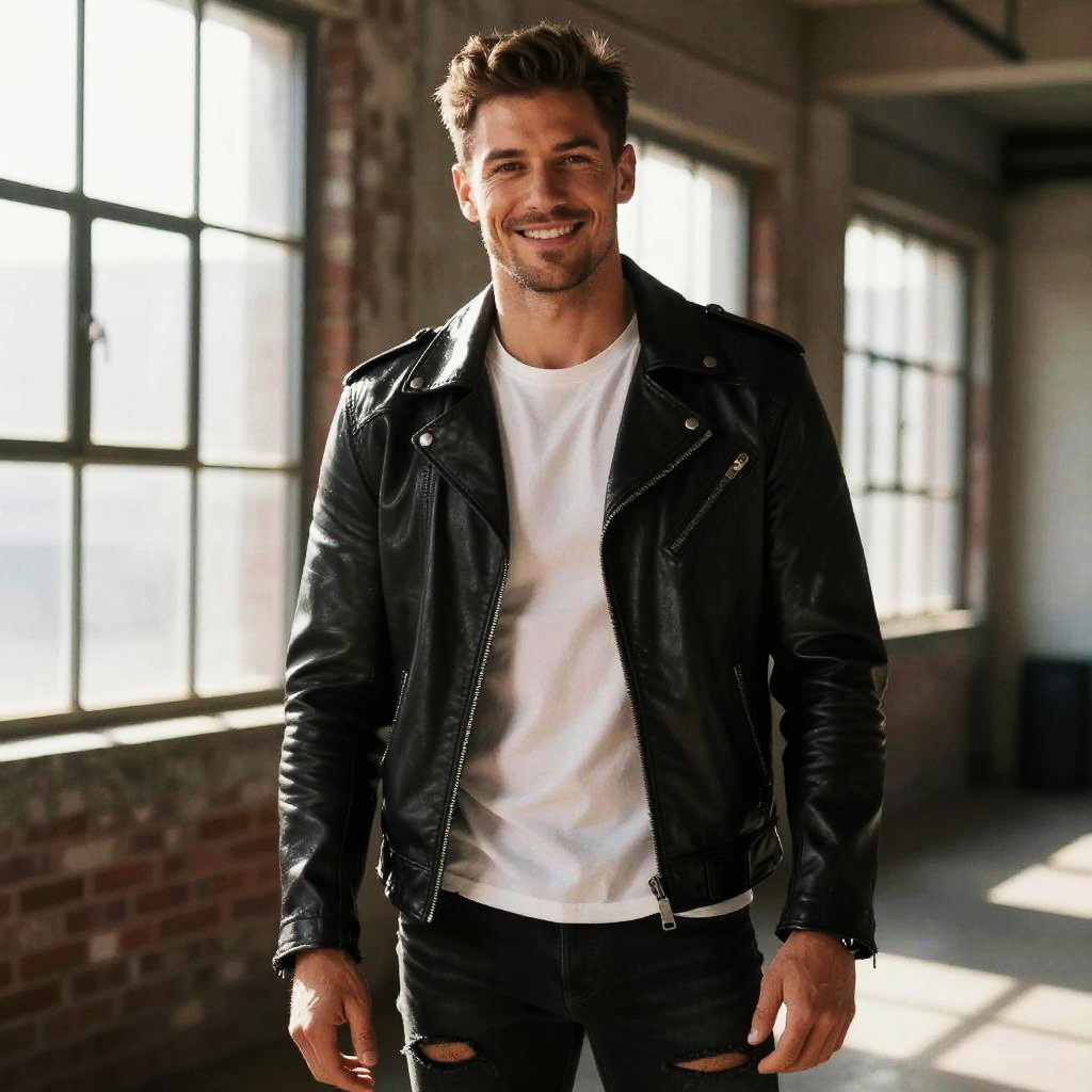 Young Man in Black Leather Jacket Smiling Indoors with Natural Light