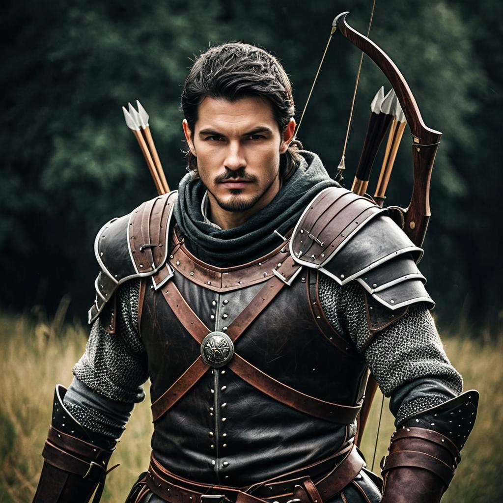 Medieval Archer Man in Leather Armor with Bow and Arrows Outdoors