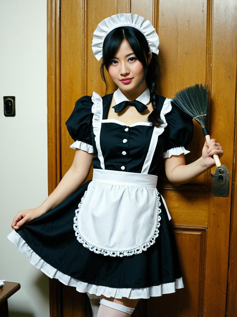 Woman in Classic Black and White Lockable Maid Costume Holding Feather Duster