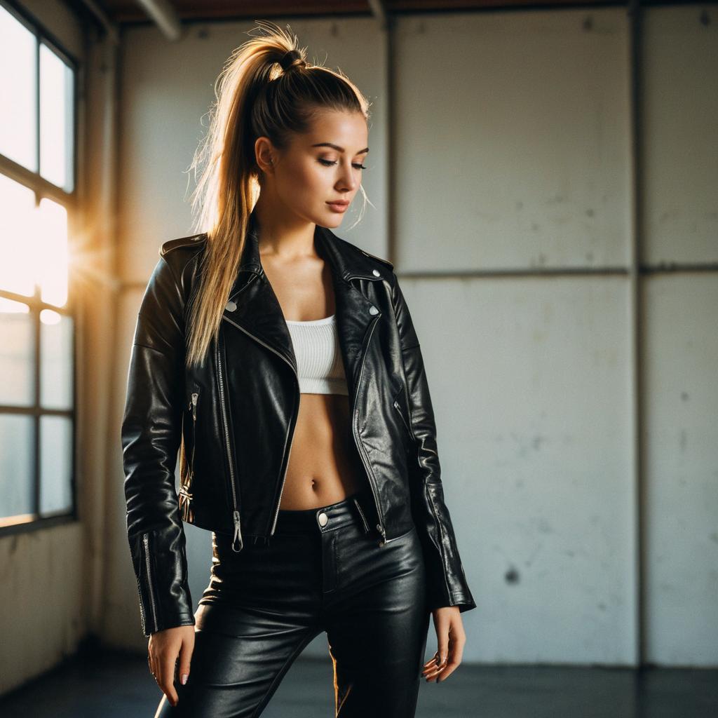 Stylish Woman in Black Leather Jacket and Pants Standing by Sunlit Window