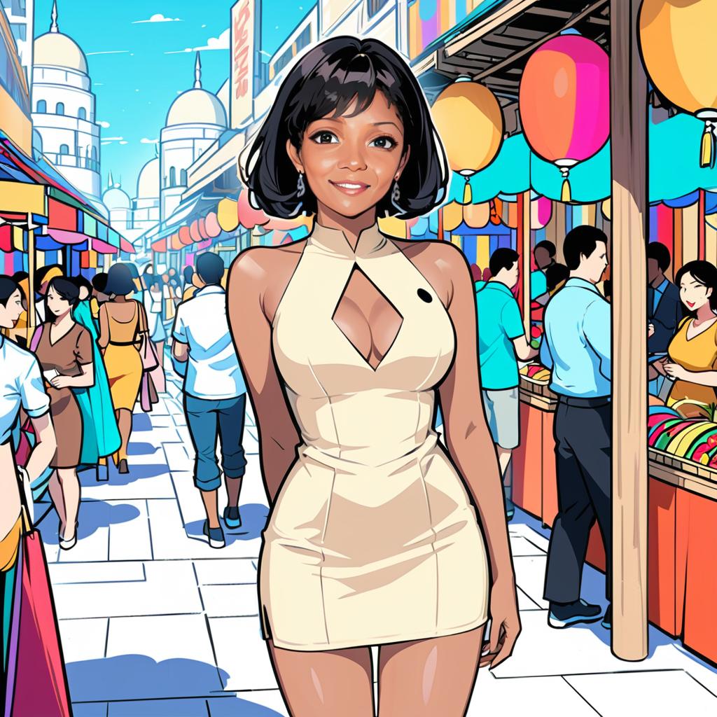 Cheerful Woman in Bustling Anime Market