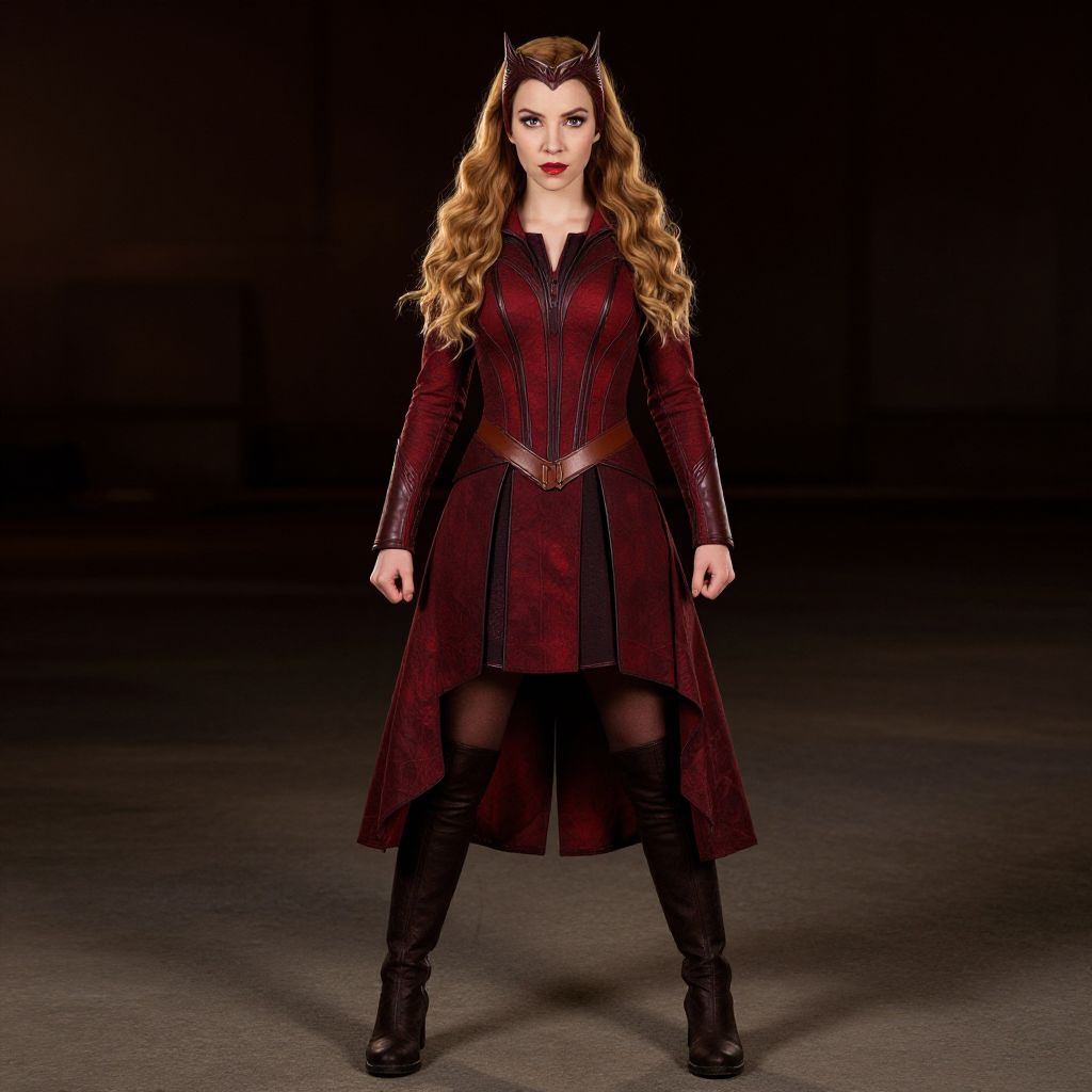 Woman in Dark Red Superhero Costume with Long Wavy Hair
