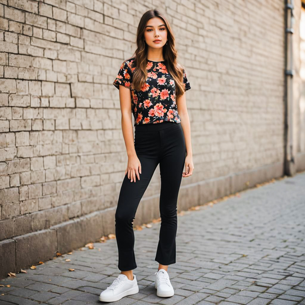 Stylish Woman in Floral Top Against Brick Wall