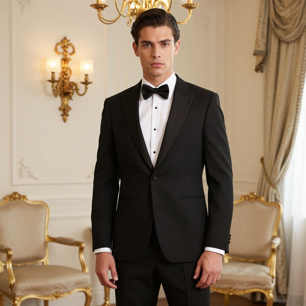 Young Man in Classic Black Tuxedo in Elegant Vintage Room