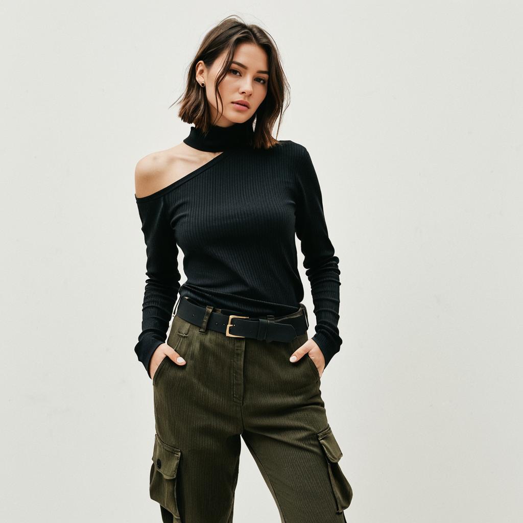 Confident Woman in Asymmetrical Black Top and Cargo Pants