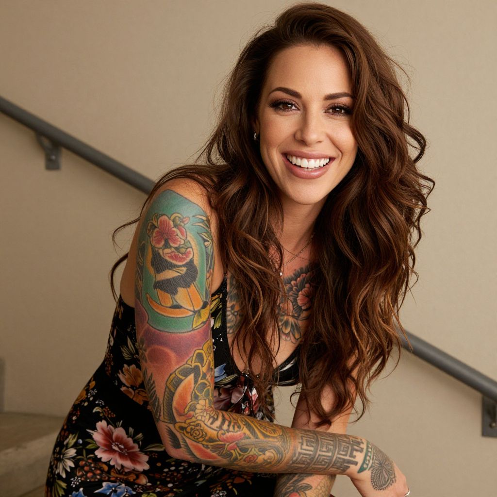 Smiling Woman with Colorful Full Sleeve Tattoo in Floral Outfit