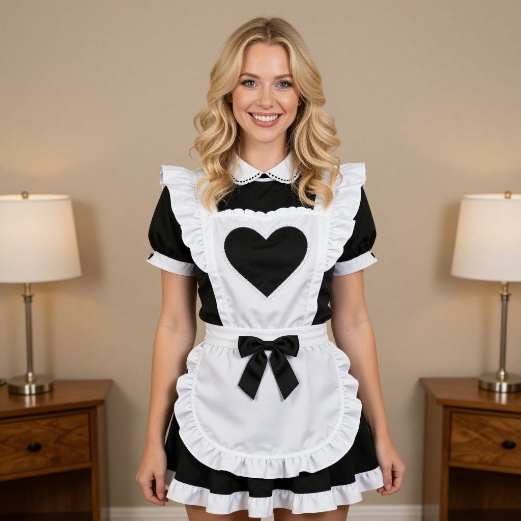 Smiling Woman in Classic Black and White Maid Costume with Heart Design