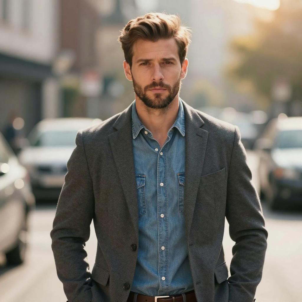 Confident Man in Stylish Casual Grey Blazer and Denim Shirt Outdoors