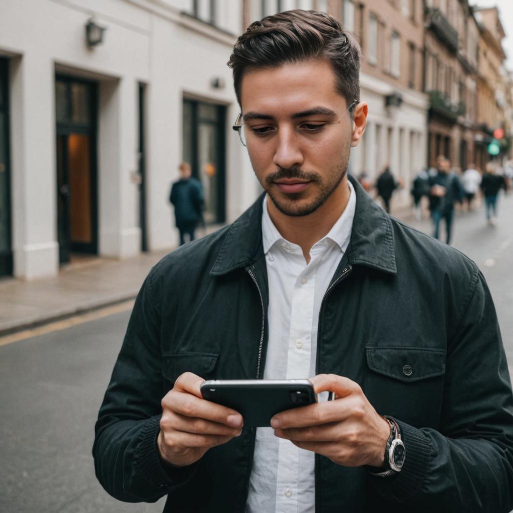 Man Using Smartphone on City Street