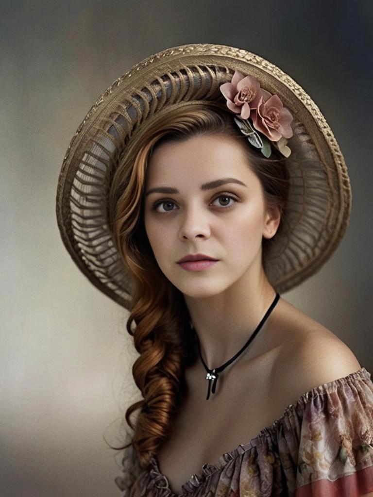 Young Woman in Straw Hat with Floral Accents